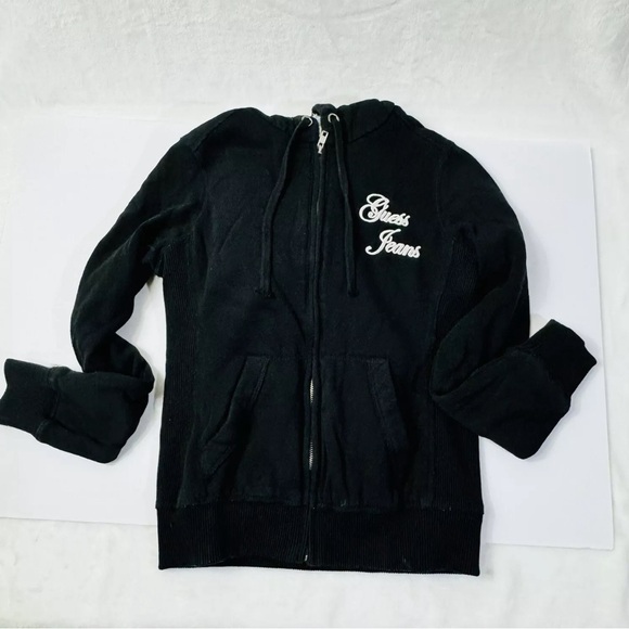 Guess Jeans ZipUp Hoodie Black Faux Fur Lined Y2K 90s Goth Grunge Bella Swan EMO - Picture 7 of 10